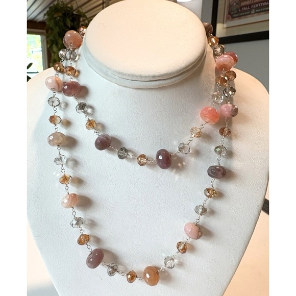Handmade Faceted‎ Crystal & Pink Agate 33'' Necklace Sterling 925 Silver 60g